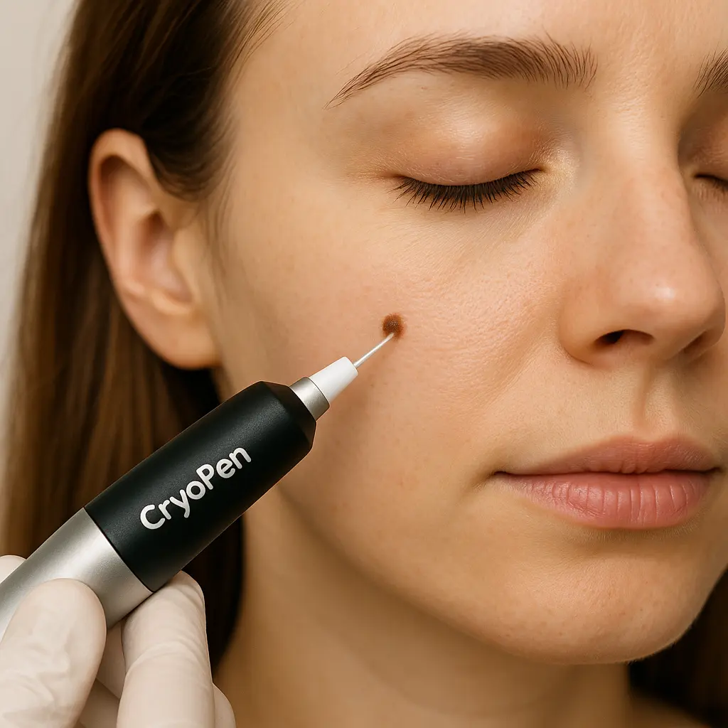 woman receiving facial mole removal Banbury using cryopen 